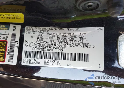 2013 Toyota Tundra Grade 5.7L V8 z USA, uszkodzony, nr VIN 5TFRY5F11DX141198